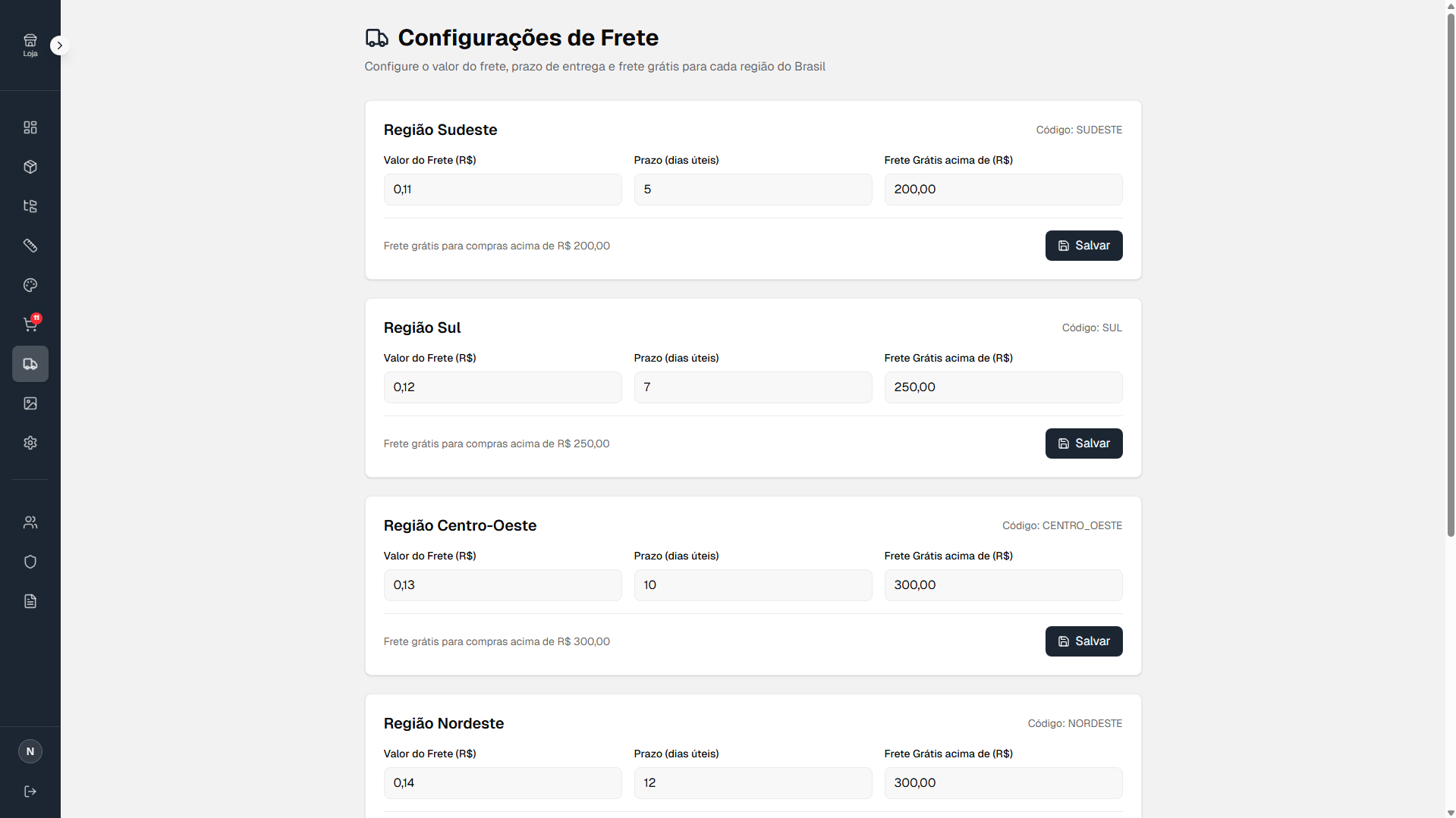 Configuração de Frete